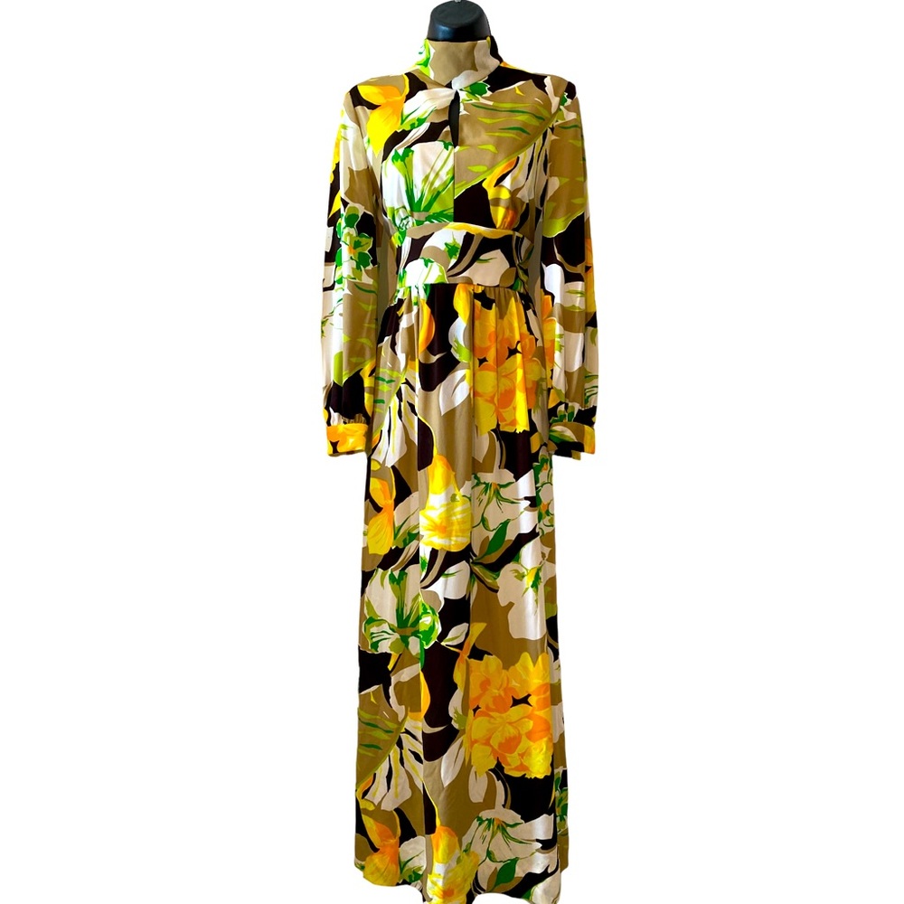 VTG 1970’s handmade women’s maxi dress hibiscus tropical floral print EU…